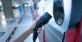 Hand holding electric charger at an electric vehicle charging station. Commercial EV car charging point for charge EV battery. Royalty Free Stock Photo