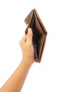 Hand holding empty brown wallet isolated