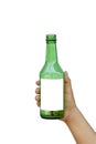 Hand holding an empty green glass bottle with a text space isolated on a white background. Royalty Free Stock Photo