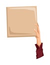 Hand holding empty placard with place for text. Person hand holding blank banner or card. Isolated vector illustration