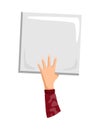 Hand holding empty placard with place for text. Person hand holding blank banner or card. Isolated vector illustration