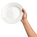 Hand holding empty plate (top view) isolated on white background Royalty Free Stock Photo