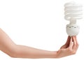 Hand holding energy efficient light bulb Royalty Free Stock Photo