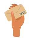 Hand holding an envelope with a letter. Mail, communication and message concept. Correspondence through postal service. Sending Royalty Free Stock Photo