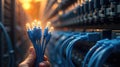 Hand Holding Ethernet Cables in a Data Center Environment With Glowing Lights Royalty Free Stock Photo