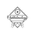 Eye icon, eyeglasses. Ophthalmology inscription. Optics logo. Vector illustration