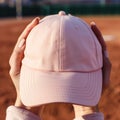 Hand Holding Female Baseball Hat mockup With Baseball Field Background Mockup Cap Mockup Light Pink baseball Hat Mockup