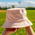 hand holding female bucket hat mockup with outdoor background, fishermans hat mockup for print on demand sellers