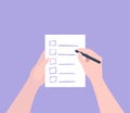 Hand holding filling form Checklist. To Do List Flat Vector Illustration.