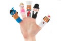 Hand holding five finger puppets
