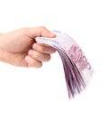 Hand holding five hundred-euro notes. Royalty Free Stock Photo