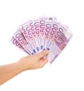 Hand holding five hundred-euro notes. Royalty Free Stock Photo