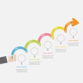 Hand holding five step Timeline Infographic upwards arrow with dash line circles and text. Template. Flat design.