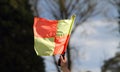 Hand holding a flag at a sporting event