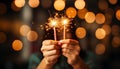 Hand holding flame, igniting celebration Bright, glowing, vibrant fireworks illuminate night generated by AI Royalty Free Stock Photo