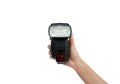 Hand holding a flash light isolated on white background Royalty Free Stock Photo