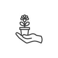 Hand holding flower pot line icon Royalty Free Stock Photo