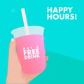 Hand holding free drink in plastic cup. happy hours promotional free drink concept. bubble tea, milkshake, juice beverages drink.