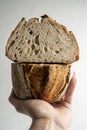 Hand holding fresh baked loaf of homemade sourdough bread Royalty Free Stock Photo