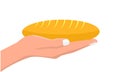 Hand holding fresh bread. Vector illustration with flat color style.
