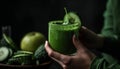 Hand holding fresh cucumber smoothie on rustic table generated by AI Royalty Free Stock Photo