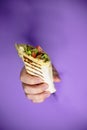 Hand holding freshly grilled wrap against purple background Royalty Free Stock Photo