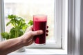 hand holding a freshly juiced beetroot near a window
