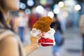 A hand holding fried chicken breast cutlet in Liuhe Night Market, Kaohsiung, Taiwan Royalty Free Stock Photo