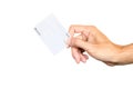 Hand holding front of joker game card isolated on white background. Clipping path Royalty Free Stock Photo