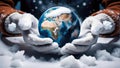 Hand holding frozen Earth planet globe on dark background.Environmental protection,global warming problem concept banner.