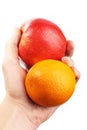 Hand holding fruit. Apple orange