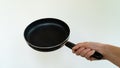 Hand holding a frying pan on a white background isolated