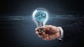 Hand Holding Futuristic Light Bulb with Digital Brain and Gear, Artificial Intelligence and Data Technology Concept, Innovation Royalty Free Stock Photo