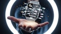 Hand holding a futuristic smartwatch displaying data visualizations and network connections Royalty Free Stock Photo