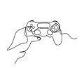 A hand holding game stick one line drawing vector illustration. A joystick to play the game minimalism hand-draw isolated on white
