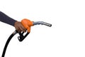 Hand holding gas nozzle with one last drop. A man holding a gasoline nozzle on a white background. hands of men who were holding a Royalty Free Stock Photo