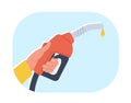 Hand holding gasoline fuel pump with yellow drop of oil. Automobile benzine and biodiesel. Gas station. Nozzle and hose Royalty Free Stock Photo