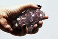 Hand holding gemstone Amethyst closeup with rock Quartz crystals.