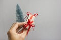 Female hand holding present gift box against grey background. Happy family celebrating concept for Christmas or New