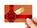 Hand holding gift card isolated over white Royalty Free Stock Photo