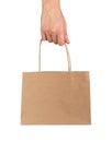 Hand holding gift and shopping bag, craft brown package isolated on white Royalty Free Stock Photo