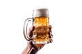 Hand holding a glass of beer on a white background. Neural network AI generated Royalty Free Stock Photo