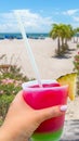 Boardwalk on beach in St. Pete with Hand holding a glass with cocktail and straw, Florida, USA Royalty Free Stock Photo