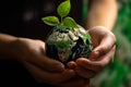 Hand holding glass globe ball with tree growing and green nature blur background. eco concept. Generative Ai Royalty Free Stock Photo