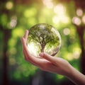 hand holding glass globe ball with tree growing and green nature blur background AI generated