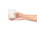 Hand holding glass of milk isolated on white background with clipping path Royalty Free Stock Photo