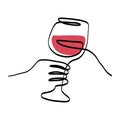 Hand holding a glass of red wine continuous line artistic illustration