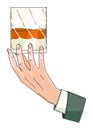 Hand holding glass with strong drink whiskey. Drink whiskey, beverage booze in hand, vintage hand drawing vector