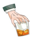 Hand holding glass with strong drink whiskey. Vintage hand drawing vector illustration. Drink tequila or whiskey