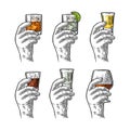 Hand holding glass with tequila, vodka, rum, cognac, whiskey, gin. Royalty Free Stock Photo